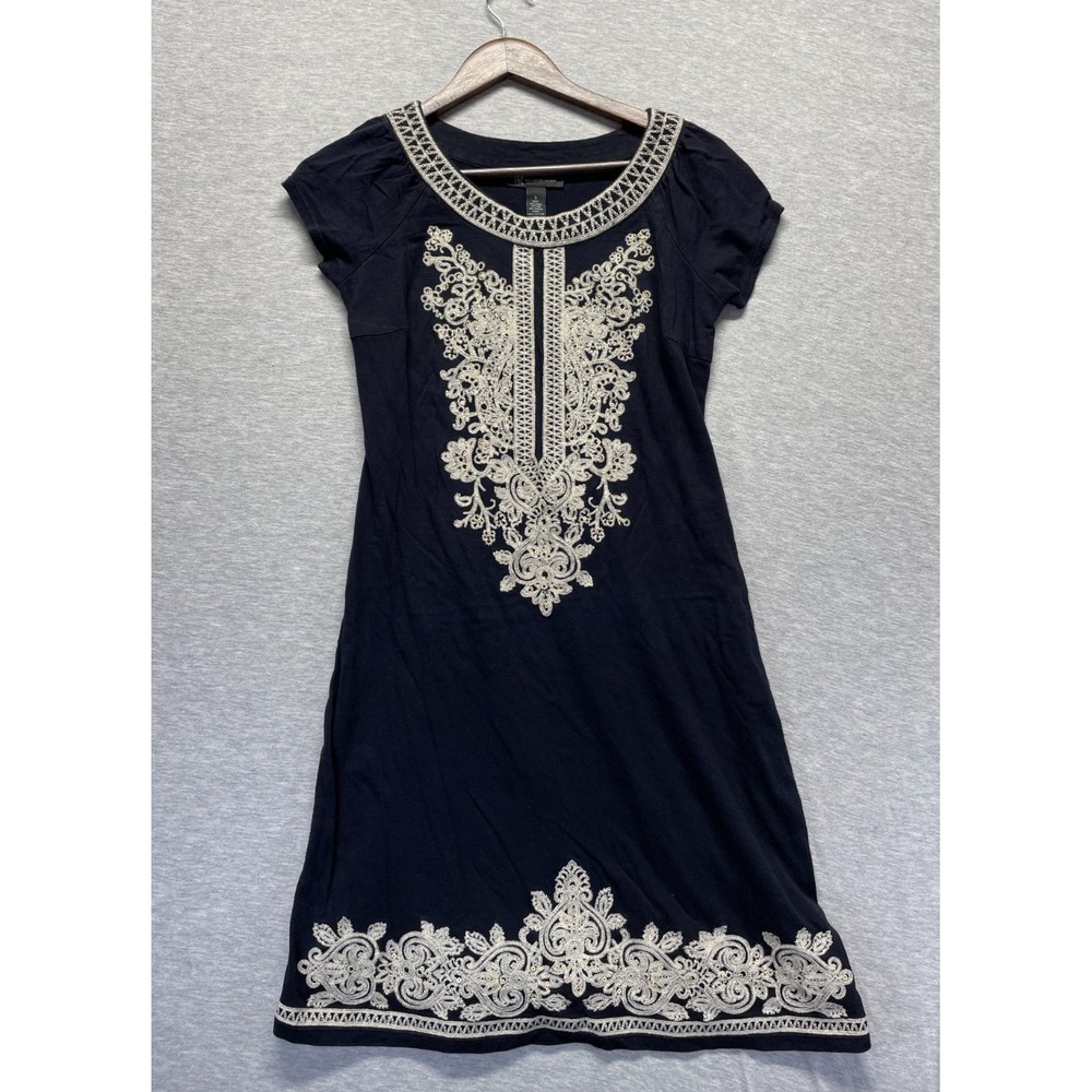 INC International Concepts Shift Dress Women Small Black Floral Embroidered Trim